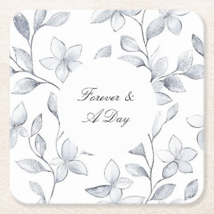 Posavasos Cuadrado De Papel Boda floral blanco plateado de moda