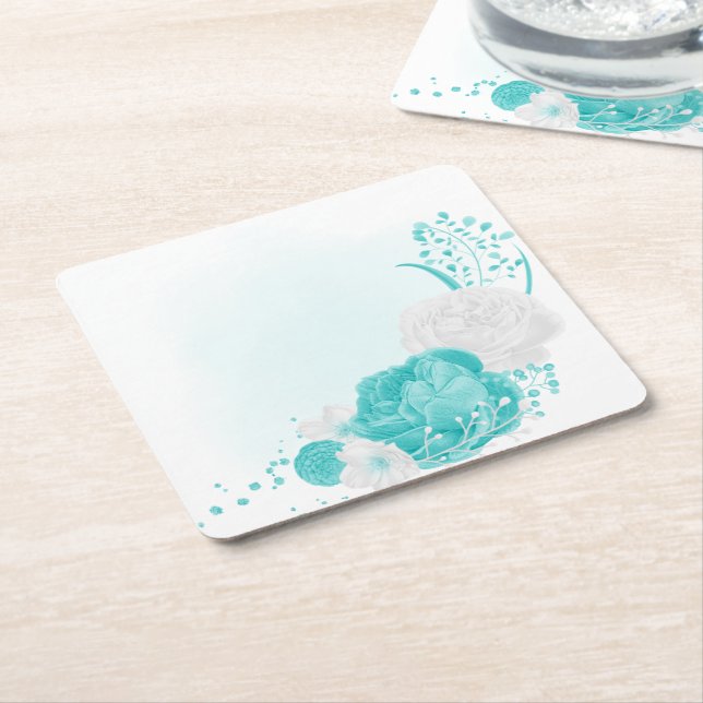 Posavasos Cuadrado De Papel boda floral blanco turquesa (En perspectiva)