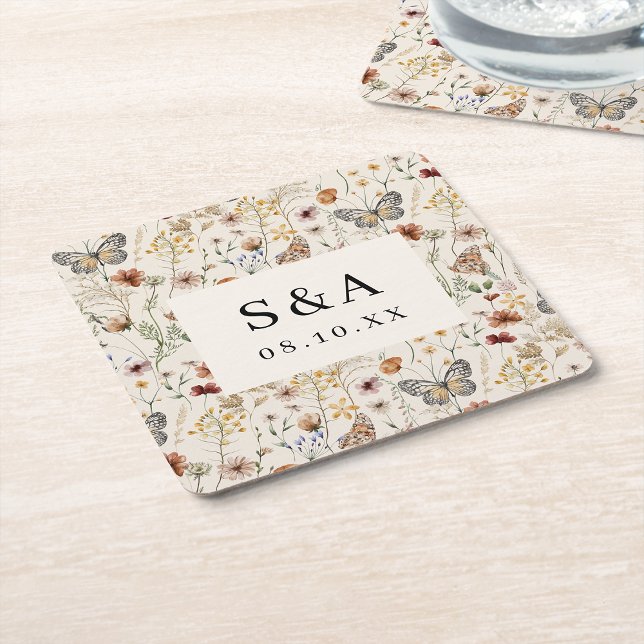 Posavasos Cuadrado De Papel Boda Floral Boho (Tan Wildflower with Butterflies Boho Floral Wedding Square Paper Coaster by Painted Paperie
)