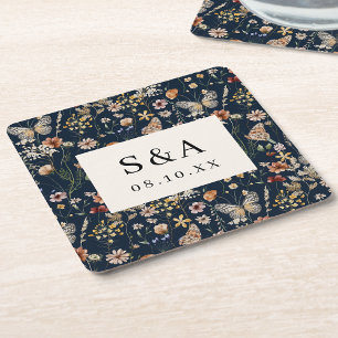 Posavasos Cuadrado De Papel Boda Floral Boho Azul Marino