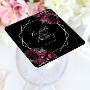 Posavasos Cuadrado De Papel Boda Floral Borgoña Plateada Geométrica Negra
