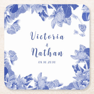 Posavasos Cuadrado De Papel Boda floral chinoico clásico azul y blanco