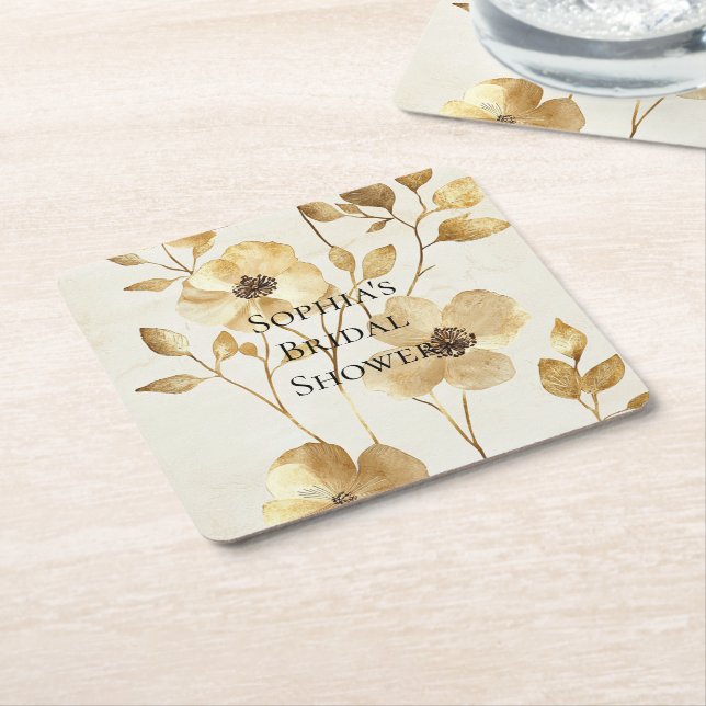 Posavasos Cuadrado De Papel Boda floral Cream Gold (En perspectiva)