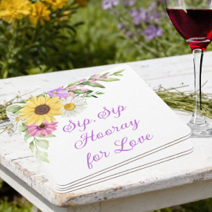 Posavasos Cuadrado De Papel Boda floral de acuarela de girasol de campo margar