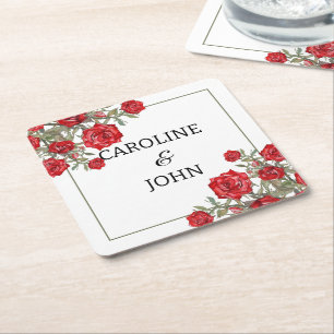 Posavasos Cuadrado De Papel Boda floral de acuarela de rosa roja