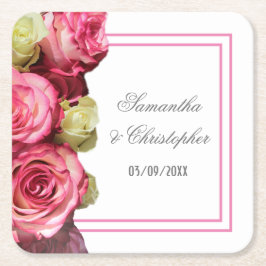 Posavasos Cuadrado De Papel Boda floral de borde rosa rosado