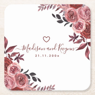 Posavasos Cuadrado De Papel Boda Floral de Borgoña