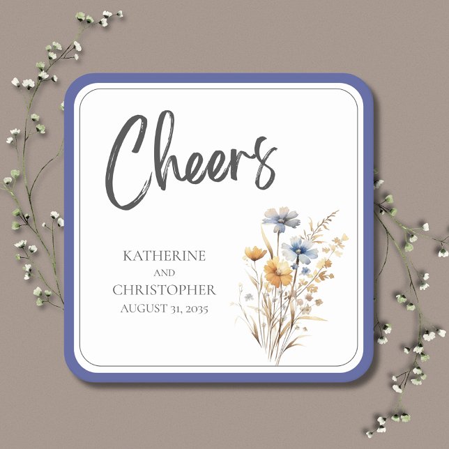Posavasos Cuadrado De Papel Boda Floral de Flor Floral Azul (Cheers Blue Wildflowers Wedding Paper Coaster with blue, yellow and purple flowers.)