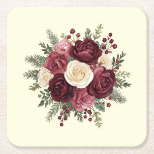Posavasos Cuadrado De Papel Boda floral de marfil y borgoña