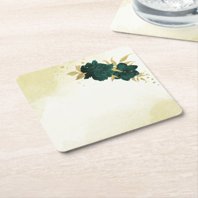 Posavasos Cuadrado De Papel Boda floral de oro verde esmeralda (En perspectiva)