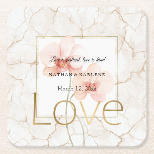 Posavasos Cuadrado De Papel Boda floral de orquídea rosa tropical de marfil ag