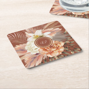 Posavasos Cuadrado De Papel Boda Floral de Terracota
