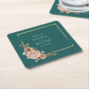 Posavasos Cuadrado De Papel Boda floral de terracota acuarela azul verdoso oto