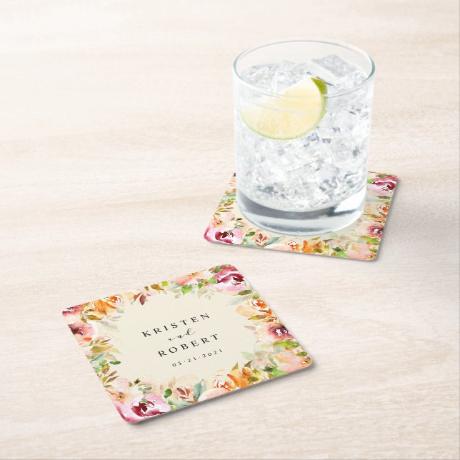 Posavasos Cuadrado De Papel Boda floral de verano acuarela (In situ)