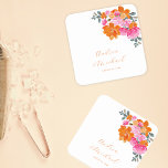 Posavasos Cuadrado De Papel Boda floral de verano brillante rosa y Naranja bri<br><div class="desc">Celebre su boda con estas elegantes y vibrantes galerías de papel,  con texto personalizado y flores de colores. Añade fácilmente tus detalles haciendo clic en la opción "personalizar".</div>