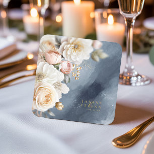 Posavasos Cuadrado De Papel Boda Floral Drama Azul ID1022