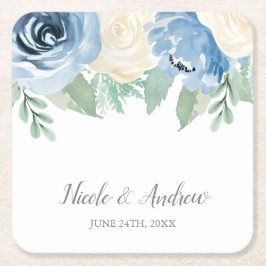 Posavasos Cuadrado De Papel Boda floral Dusty Blue Watercolor Floral Personali