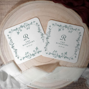Posavasos Cuadrado De Papel Boda Floral Esmeralda Verde Monograma Francés