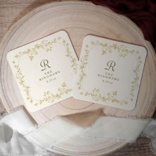 Posavasos Cuadrado De Papel Boda Floral Francesa en Oro y Marfil con Monograma