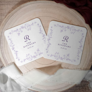 Posavasos Cuadrado De Papel Boda Floral Lavanda Púrpura Monograma Francés