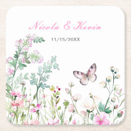 Posavasos Cuadrado De Papel Boda Floral Mariposa Verde Primavera