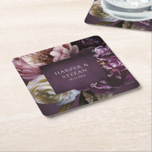 Posavasos Cuadrado De Papel Boda floral maximalista elegante de color púrpura