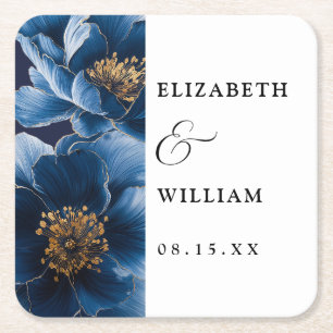 Posavasos Cuadrado De Papel Boda floral moderna elegante azul marino