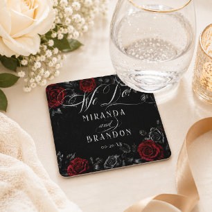 Posavasos Cuadrado De Papel Boda Floral Negra Caligrafía Elegante Roja