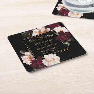 Posavasos Cuadrado De Papel Boda floral negra con rubor de borgoña oscuro y me