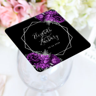 Posavasos Cuadrado De Papel Boda Floral Purpúrea Geométrica Plateada Negra