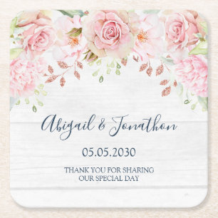Posavasos Cuadrado De Papel Boda Floral Rosa Rústica de Primavera