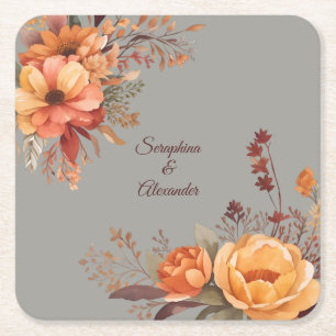 Posavasos Cuadrado De Papel Boda Floral Rústica Acuarela de Otoño