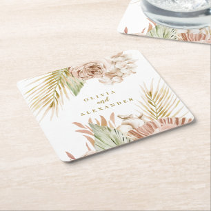 Posavasos Cuadrado De Papel Boda floral tropical boho y palmeras