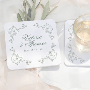 Posavasos Cuadrado De Papel Boda Floral Vintage Verde Salvia