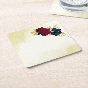 Posavasos Cuadrado De Papel boda flores rojas navales hojas doradas