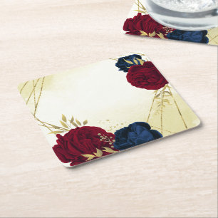 Posavasos Cuadrado De Papel boda flores rojas navales hojas doradas