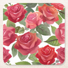 Posavasos Cuadrado De Papel Boda Formal Floral Rosa Roja