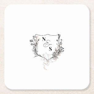 Posavasos Cuadrado De Papel Boda Formal Monograma de Cresta Floral en Blanco/N