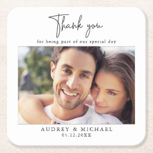 Posavasos Cuadrado De Papel Boda fotográfico personalizado moderno gracias