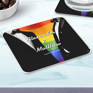 Posavasos Cuadrado De Papel Boda Gay Moderna y Elegante Arcoíris