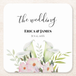 Posavasos Cuadrado De Papel Boda Gentle White Calla Rosas Lily