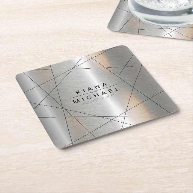 Posavasos Cuadrado De Papel Boda geométrico metálico Silver/Black ID648 (En perspectiva)