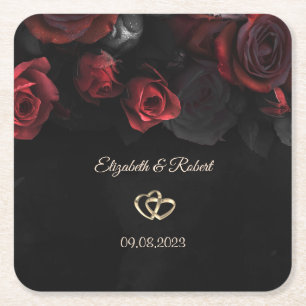 Posavasos Cuadrado De Papel Boda Gótica de Rosas Rojas Elegantes