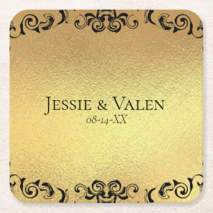 Posavasos Cuadrado De Papel Boda gótico Gold & Black Swirl