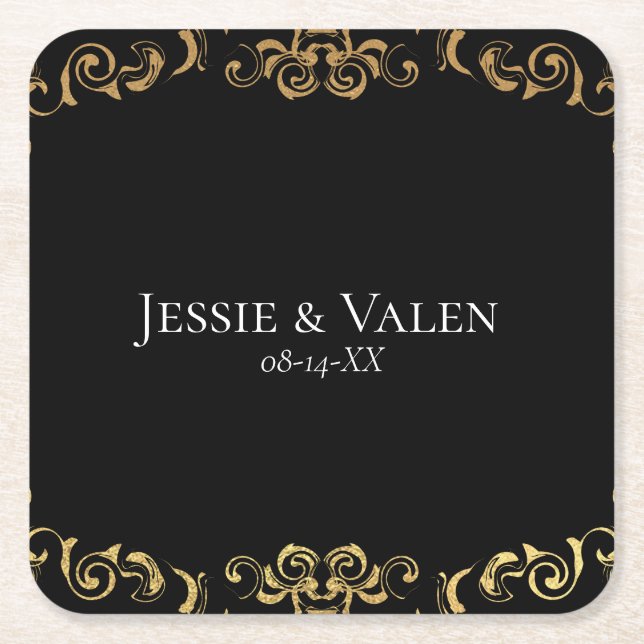 Posavasos Cuadrado De Papel Boda gótico Gold & Black Swirl (Anverso)
