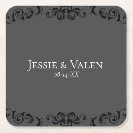 Posavasos Cuadrado De Papel Boda gótico Gris y negro Swirl