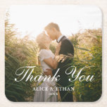 Posavasos Cuadrado De Papel Boda Gracias Elega Fotograma Cuadrado De Papel<br><div class="desc">La montaña rusa boda moderna incluye "Gracias" en caligrafía de escritura y tu foto.</div>