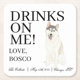 Posavasos Cuadrado De Papel Boda Husky Personalizado