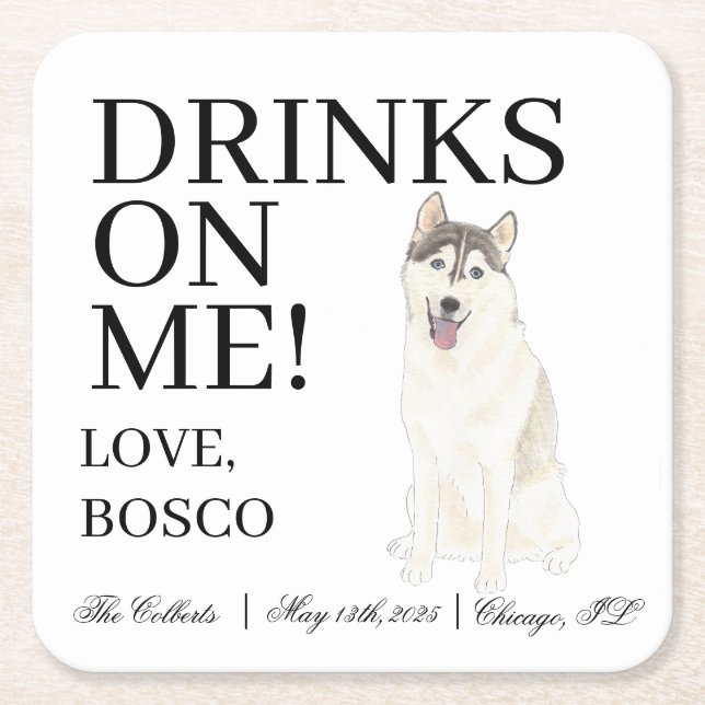 Posavasos Cuadrado De Papel Boda Husky Personalizado (Anverso)