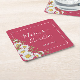 Posavasos Cuadrado De Papel Boda Magenta y White Daisies